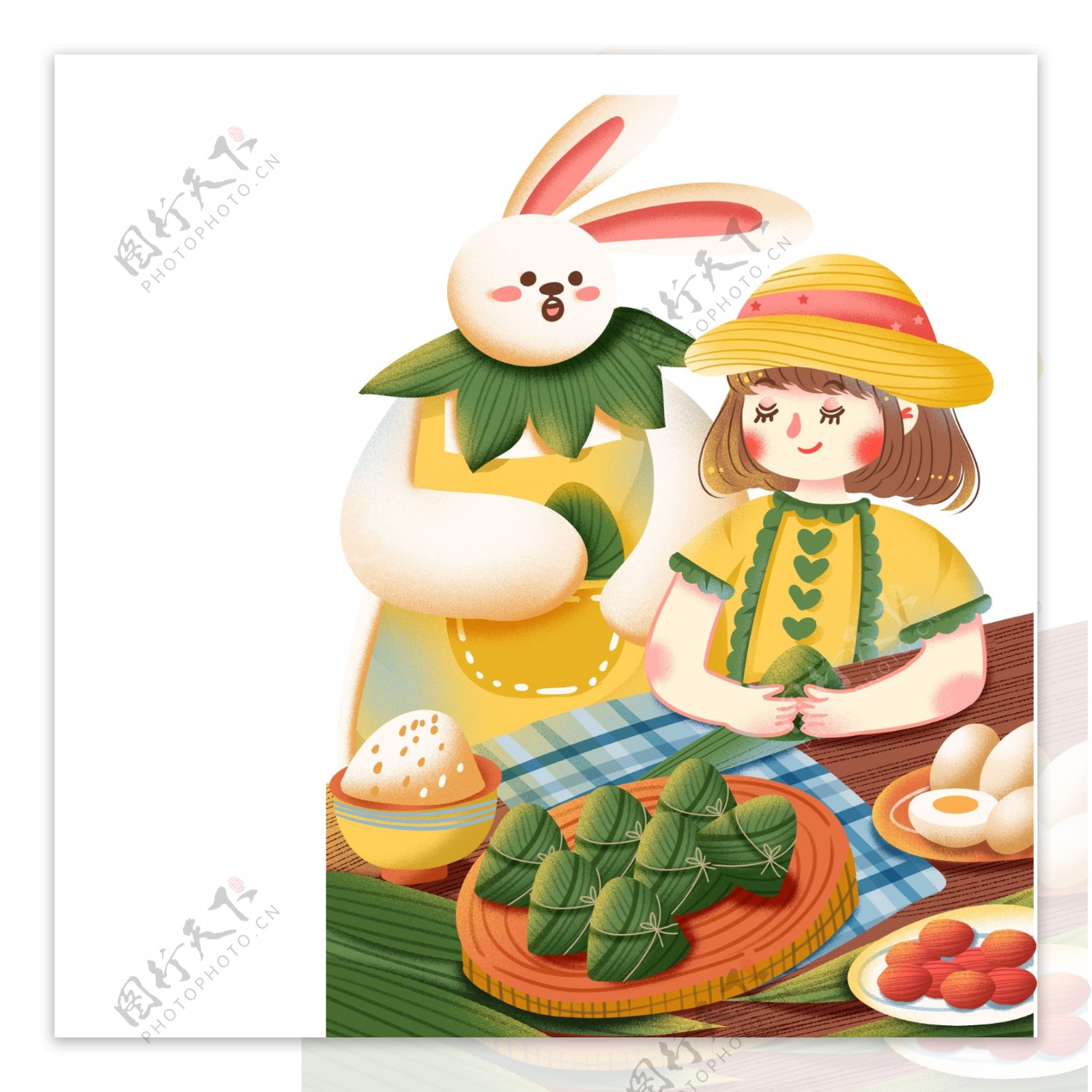 端午节包粽子的女孩和小兔图案元素