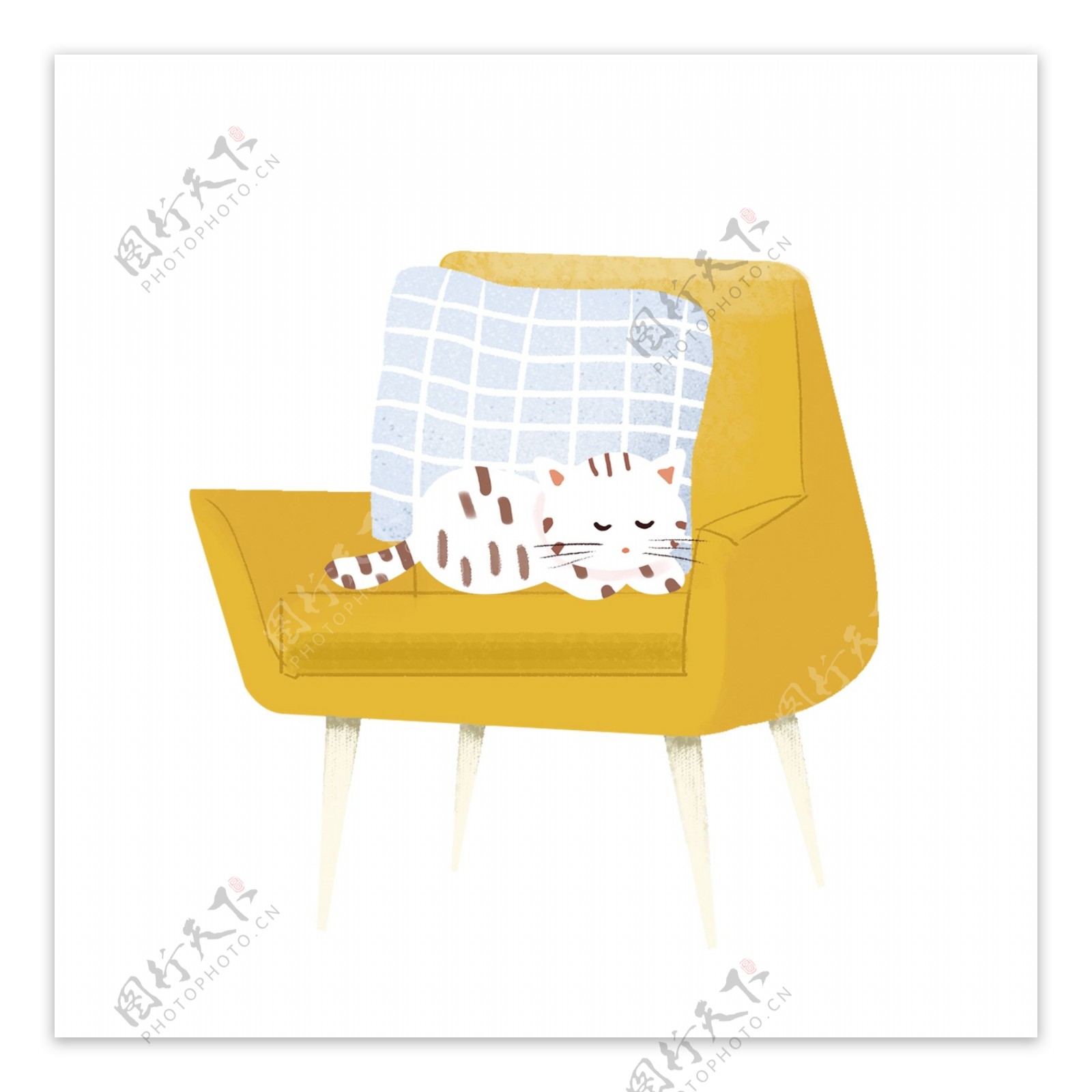 黄色沙发上的猫咪图案元素