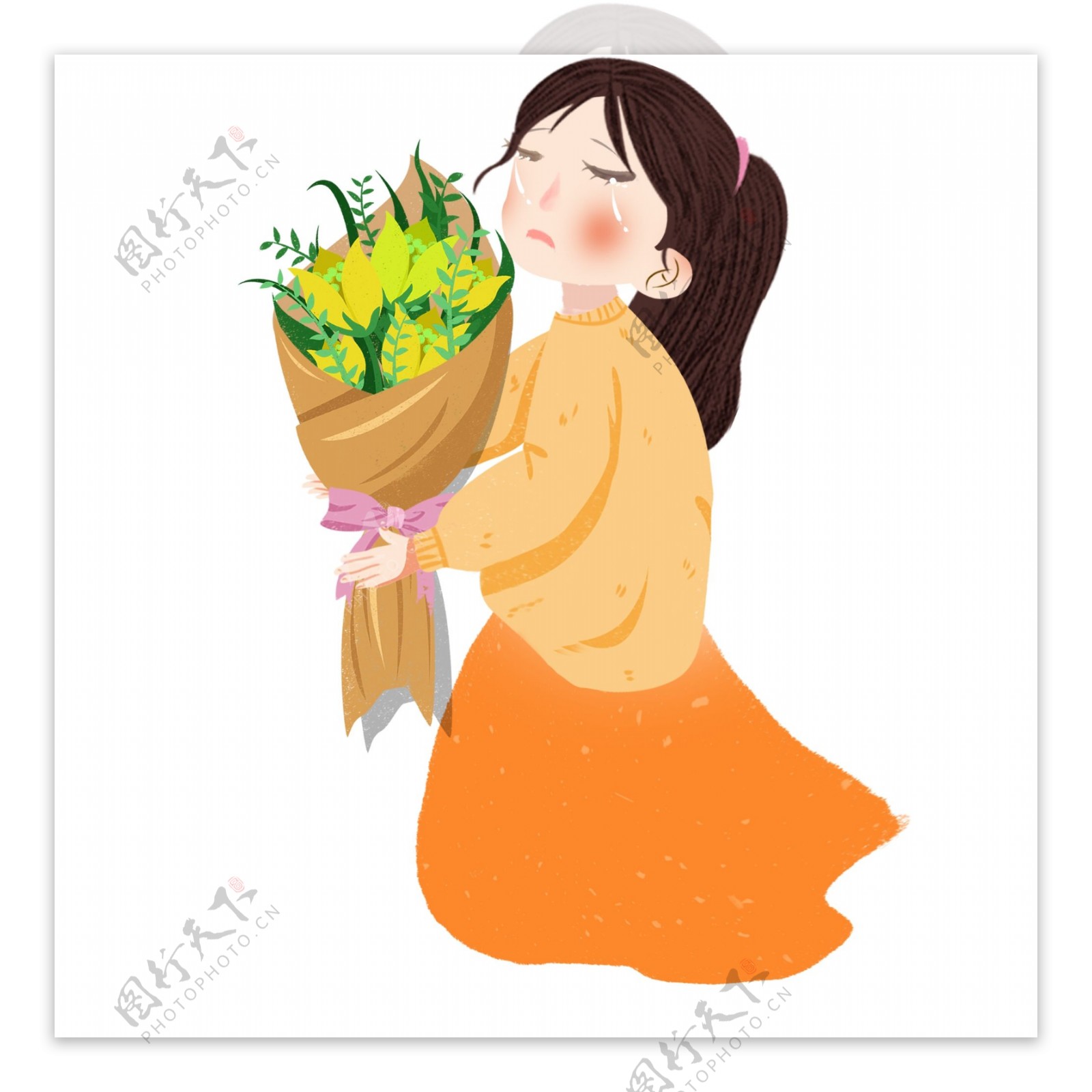 小清新手绘拿着一束花的小女孩