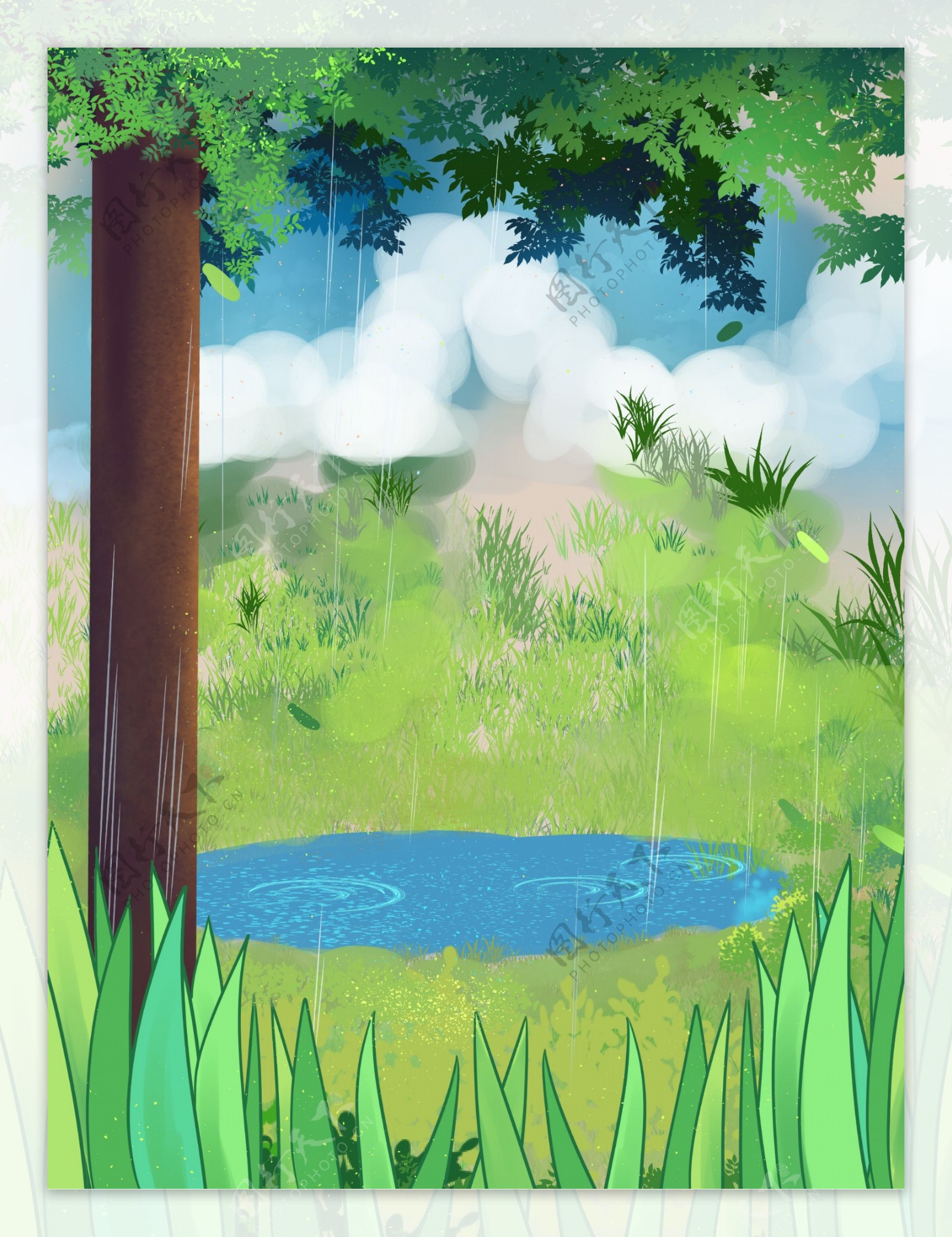 夏季大树池塘背景设计
