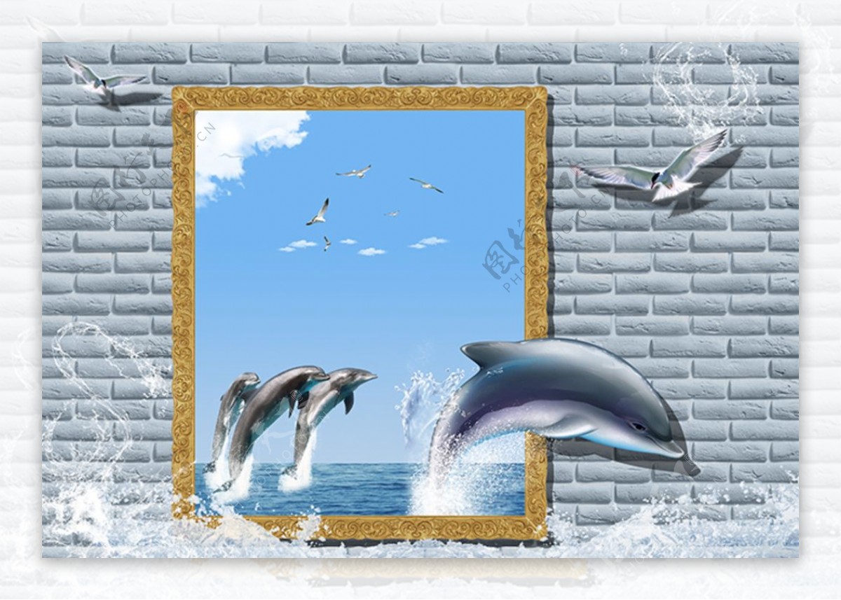 砖墙海水海豚背景墙