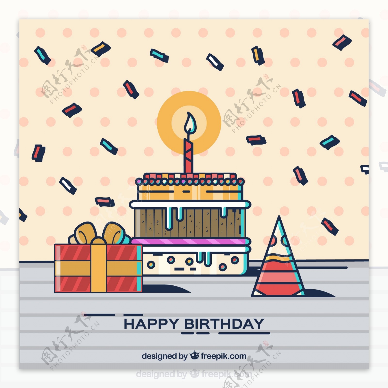 彩绘生日蛋糕和生日礼帽矢量图