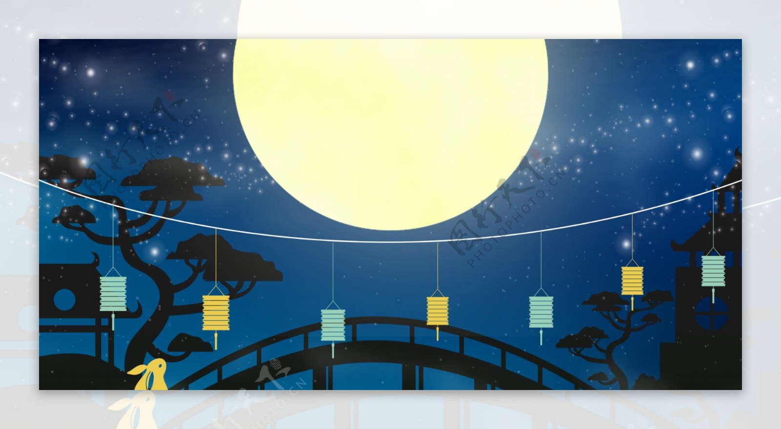 月亮鹊桥玉兔灯笼中秋插画中国风