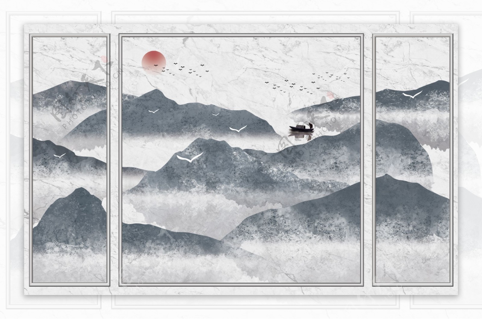 新中式大气抽象手绘水墨山水风景背景墙