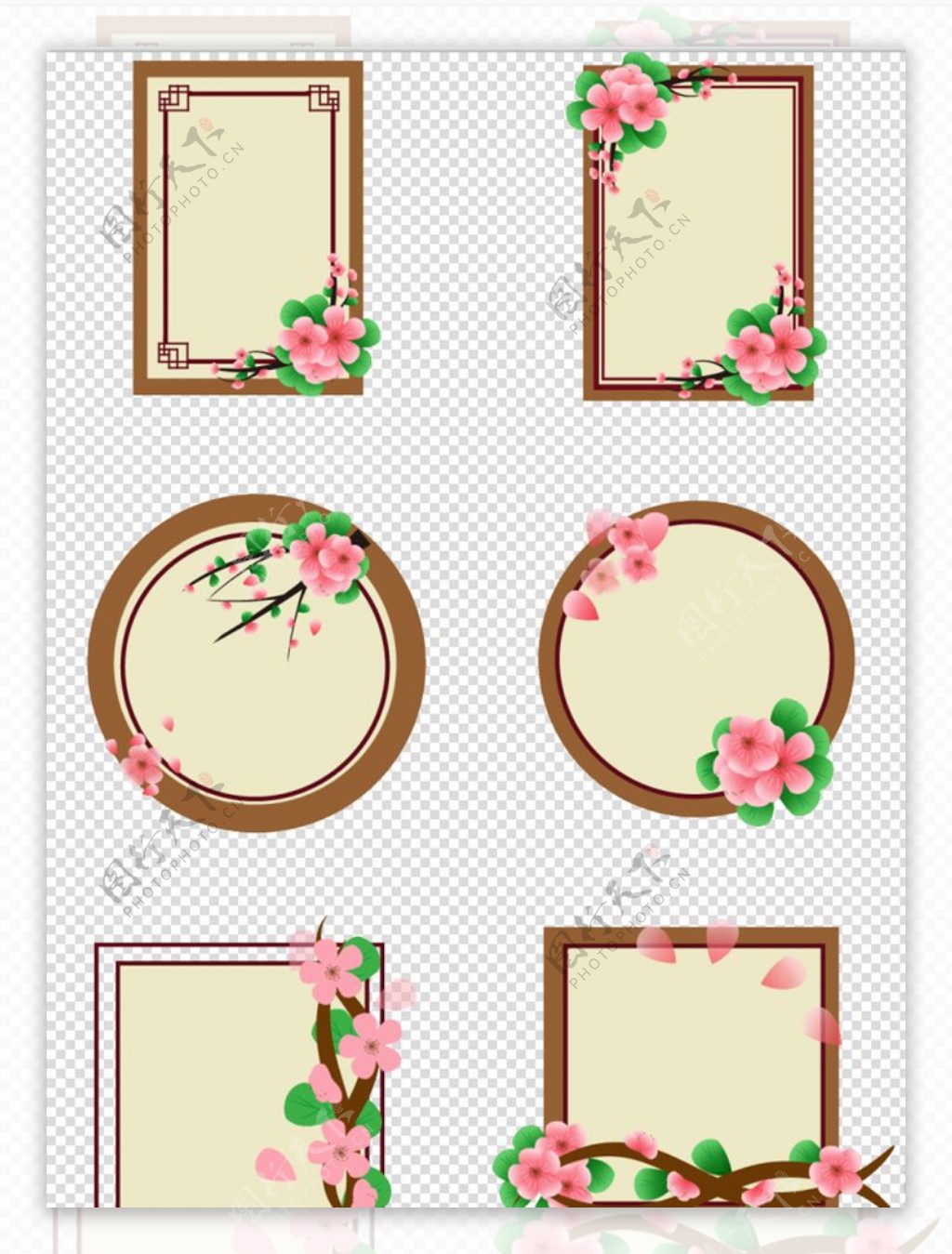 中国风木色边框画框矢量花朵传统