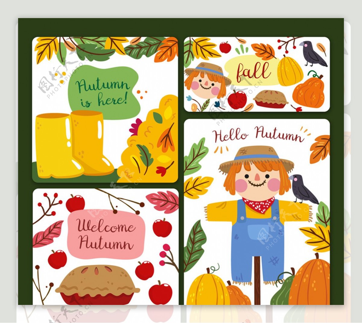 4款彩色秋季元素卡片
