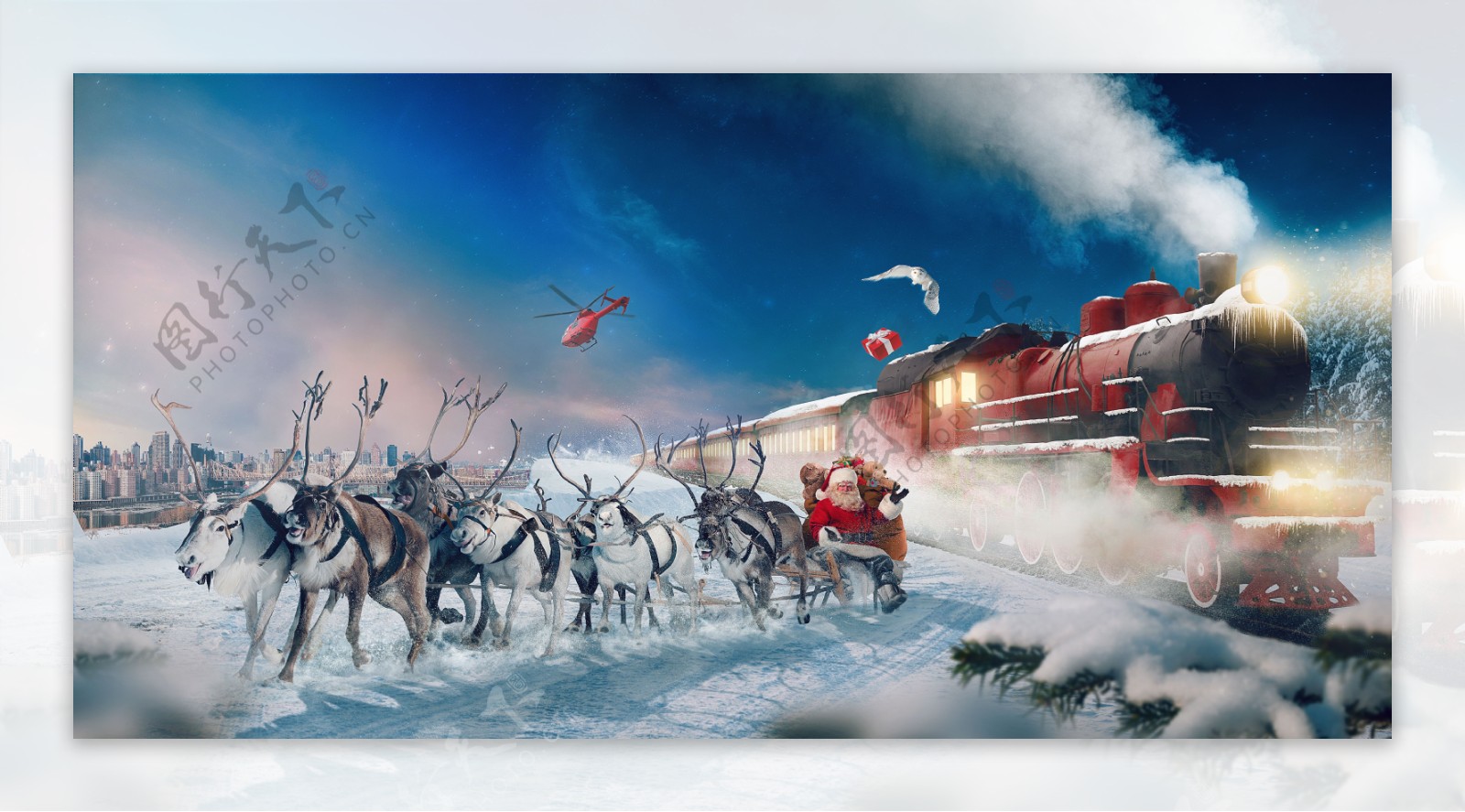 圣诞佳节之圣诞老人麋鹿漫步雪地