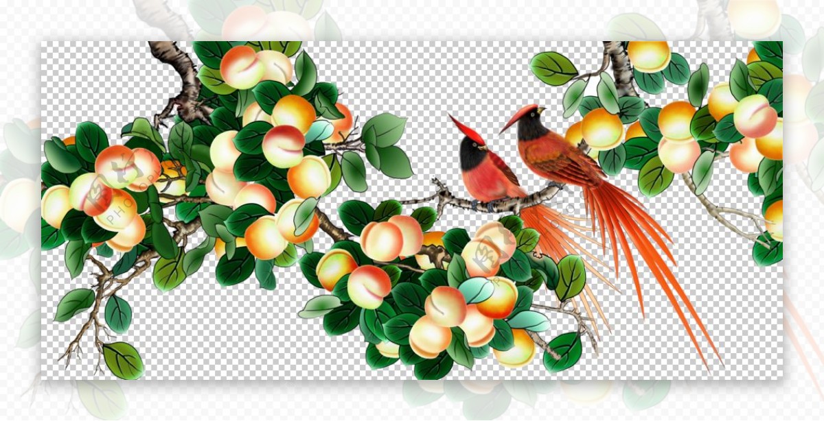 桃子树小鸟工笔素材