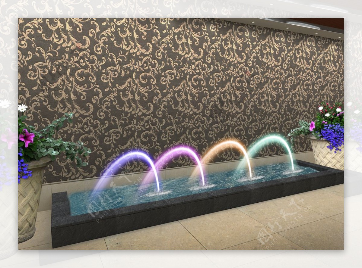 走廊处喷泉水景灯光后期效果图