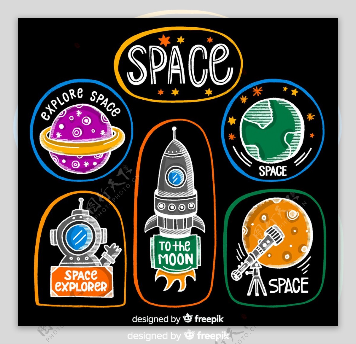 6款彩色太空探索标签矢量图
