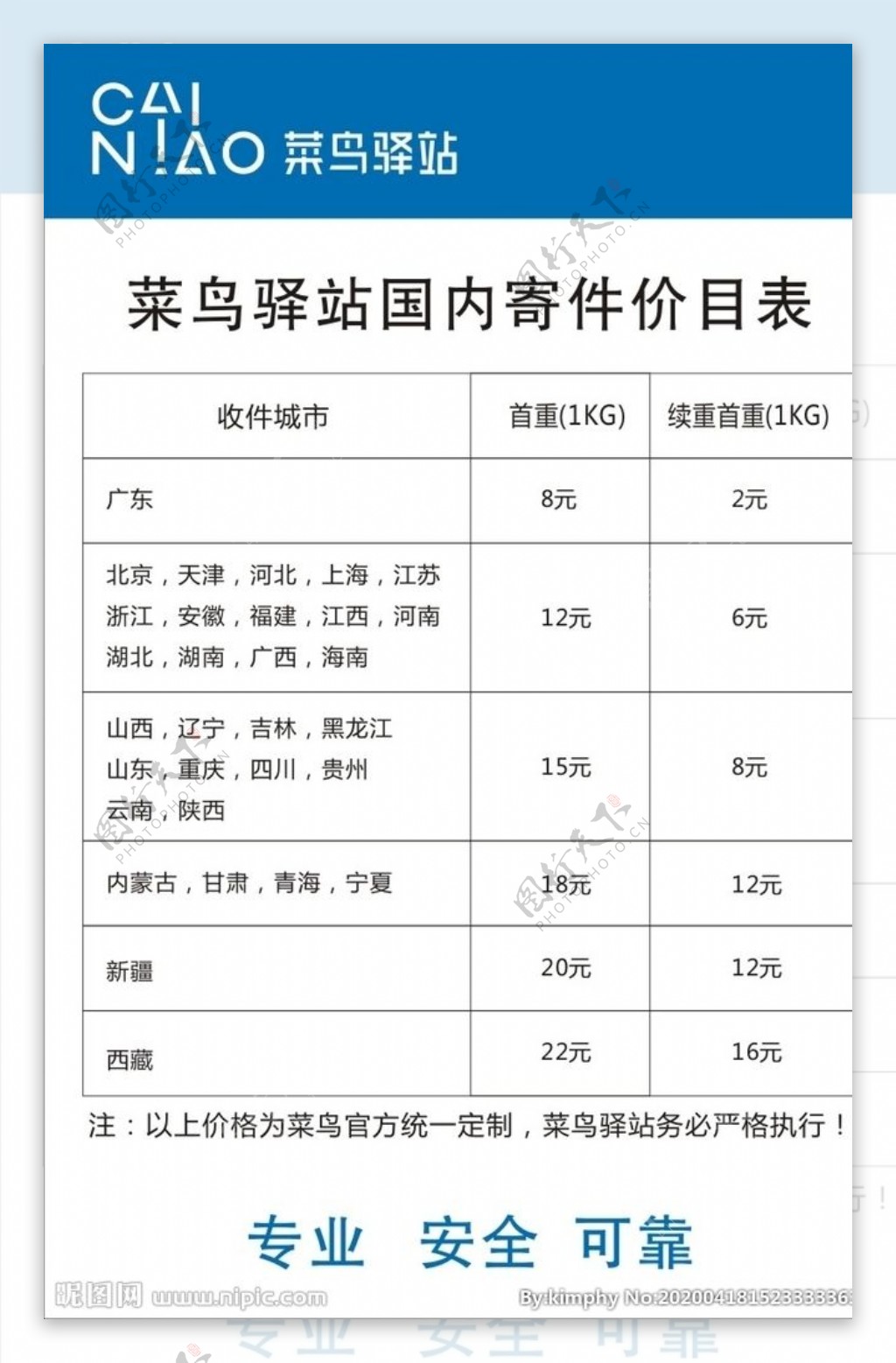 菜鸟驿站国内寄件价目表