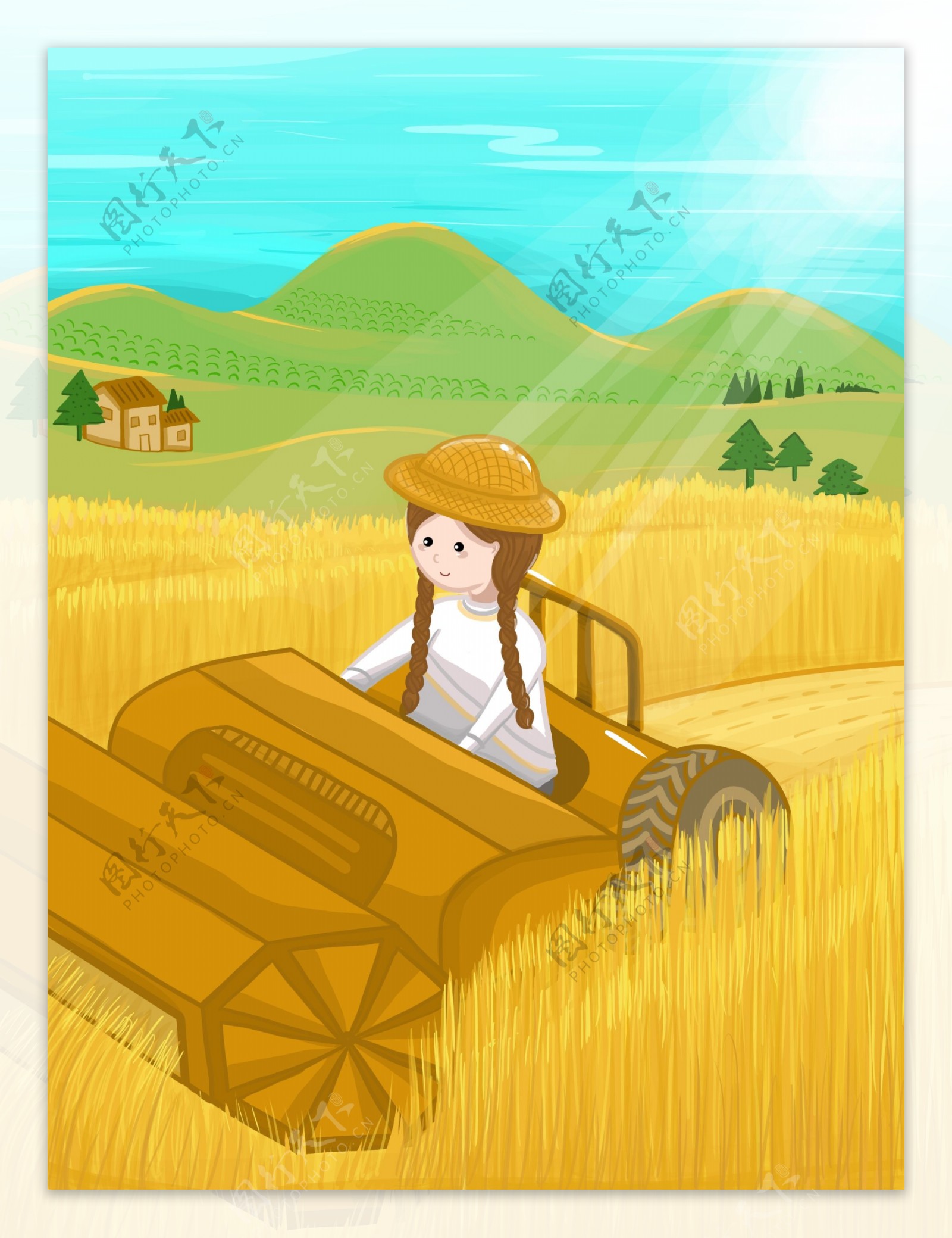 收麦子的小女孩芒种节气插画