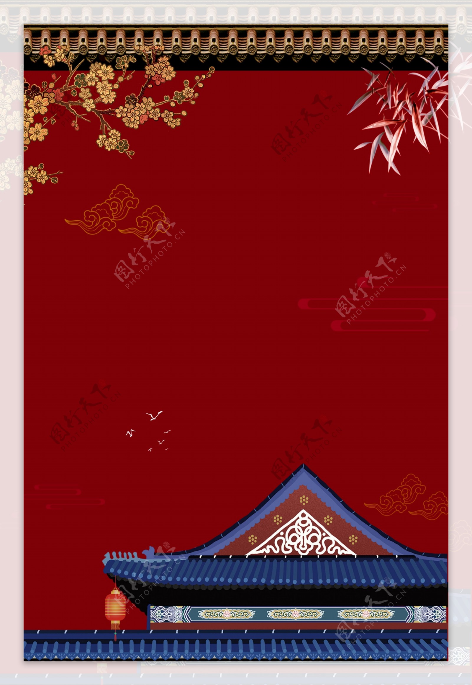 红色古风墙面枝头中国风背景素材