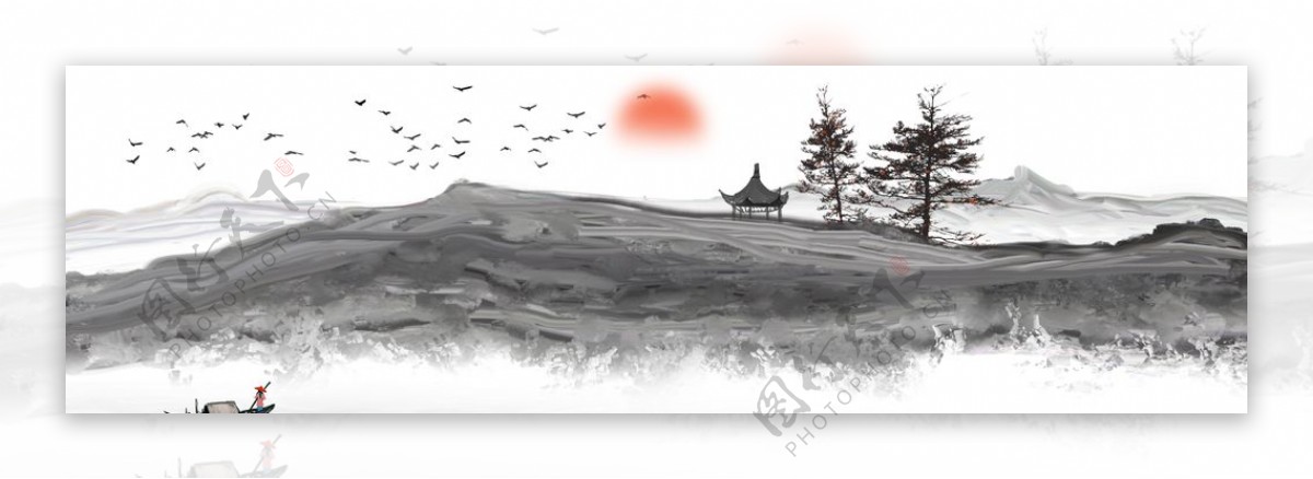 山水古风水墨传统国风插画背景