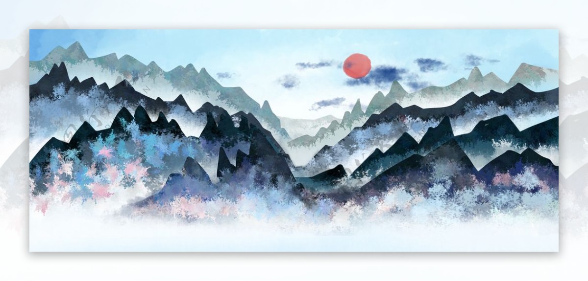 山水水墨水彩国风传统背景素材