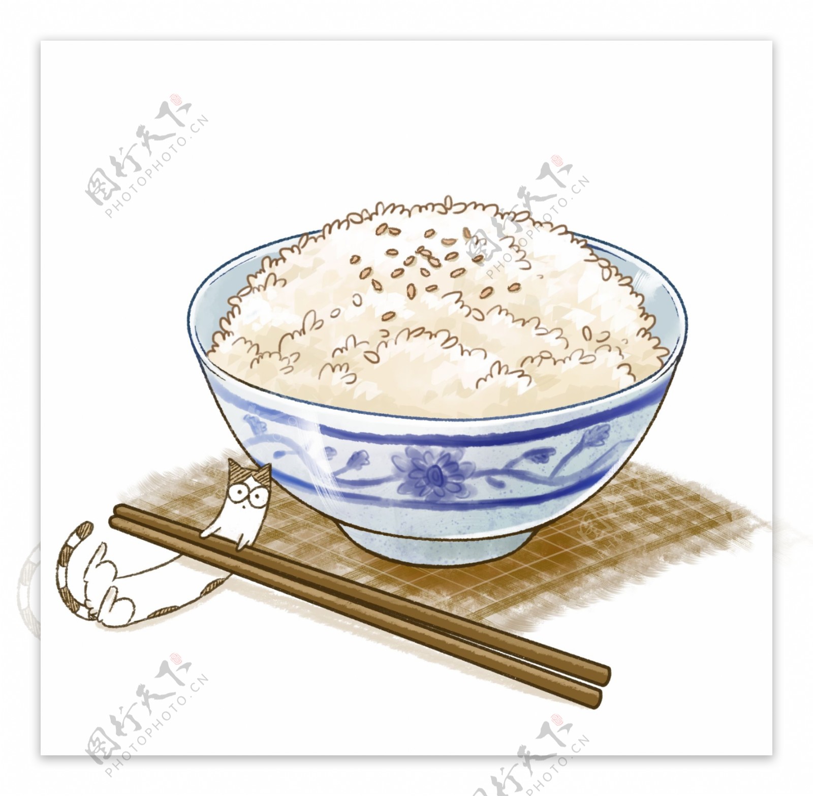 手绘青花瓷碗白米饭