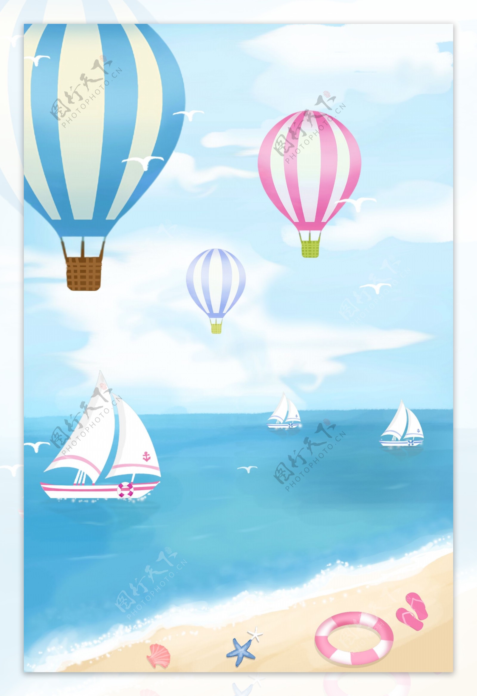 海边沙滩热气球清新插画背景