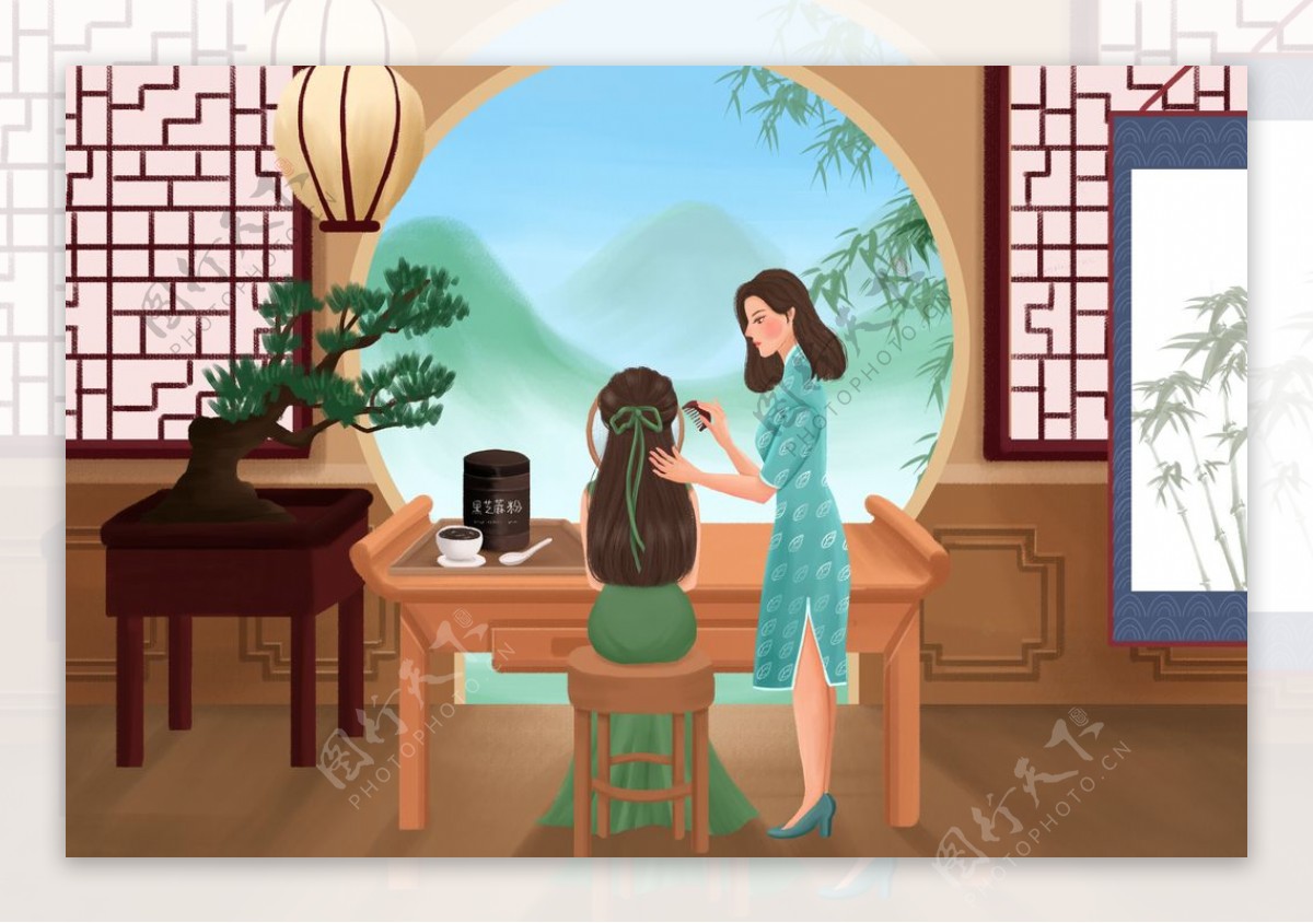 民国复古旗袍女性人物插画素材