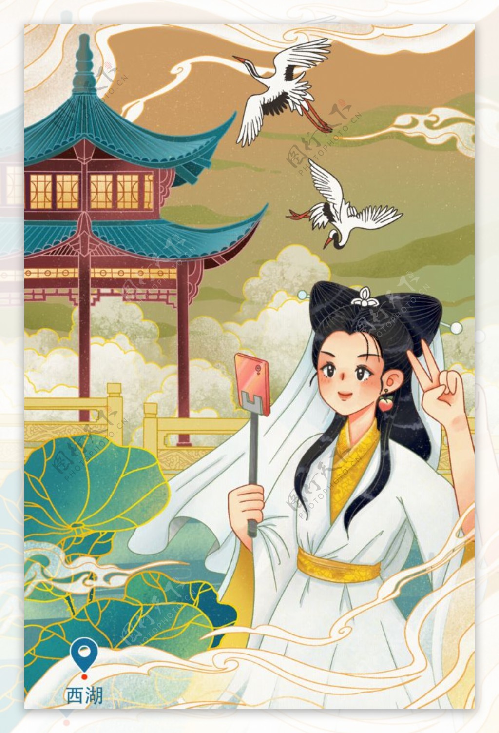 夏季人物女性杭州插画卡通素材