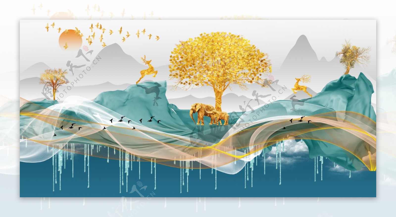 新中式线条意境山水麋鹿装饰画