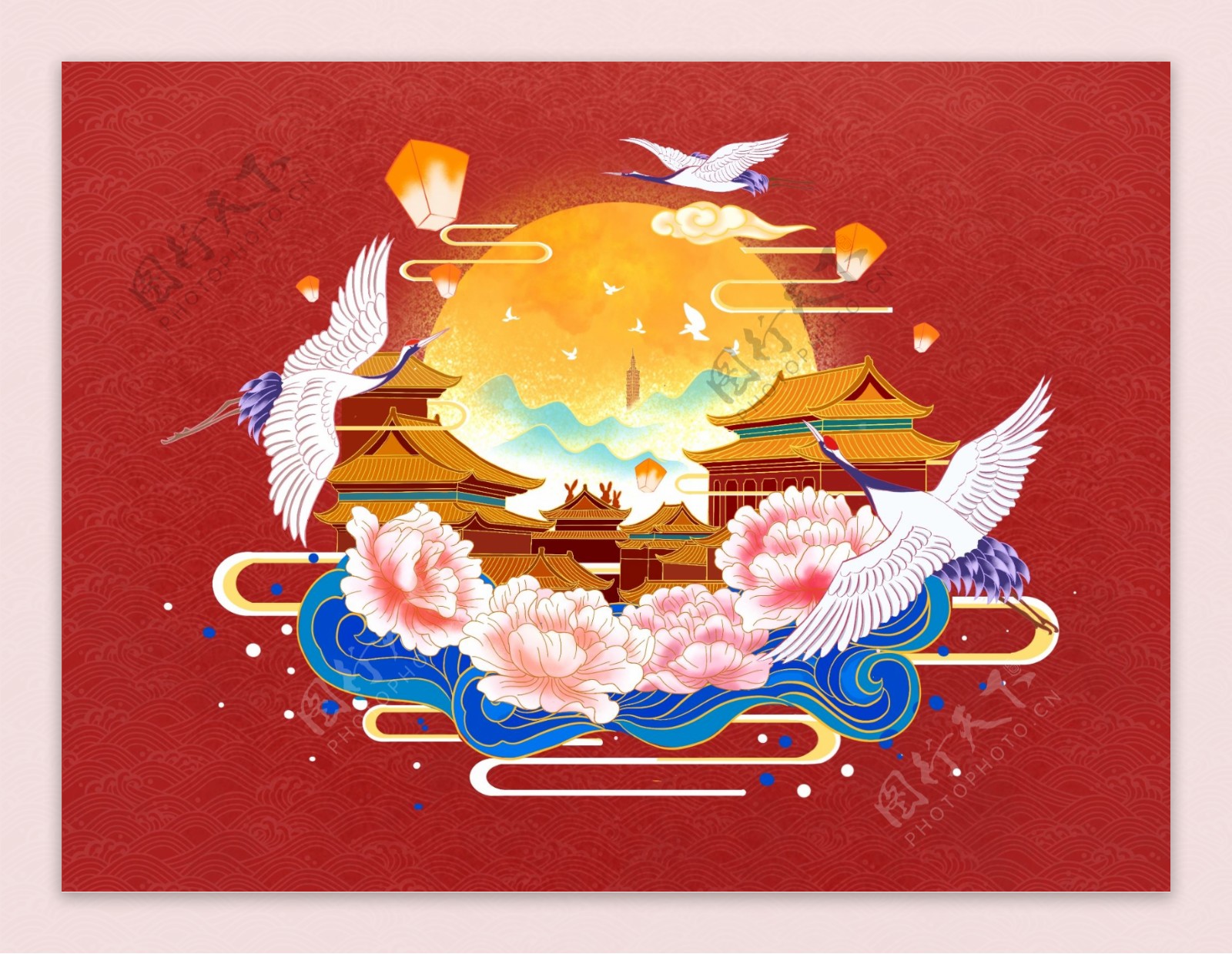 仙鹤国风传统插画背景素材