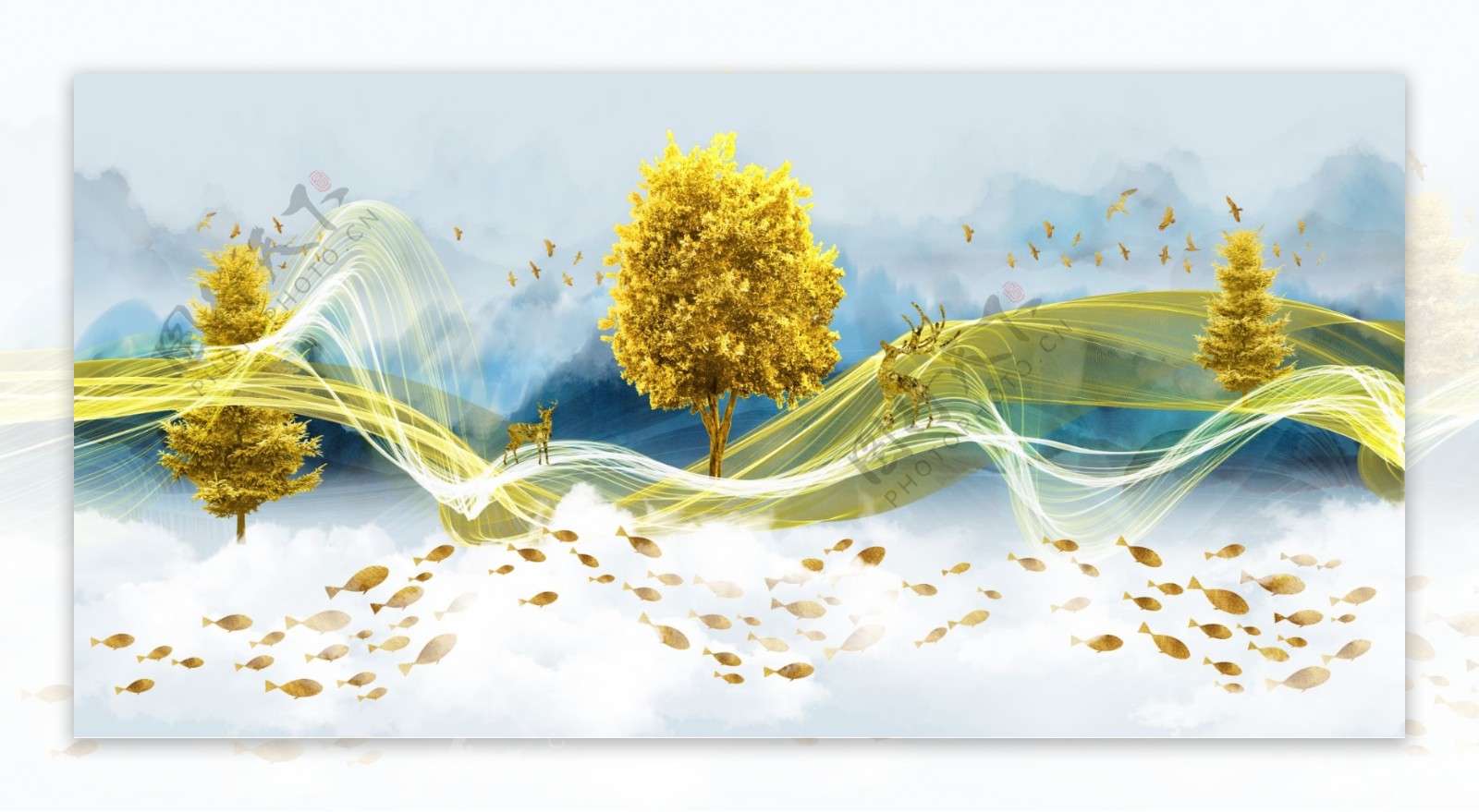 新中式金色线条意境山水装饰画