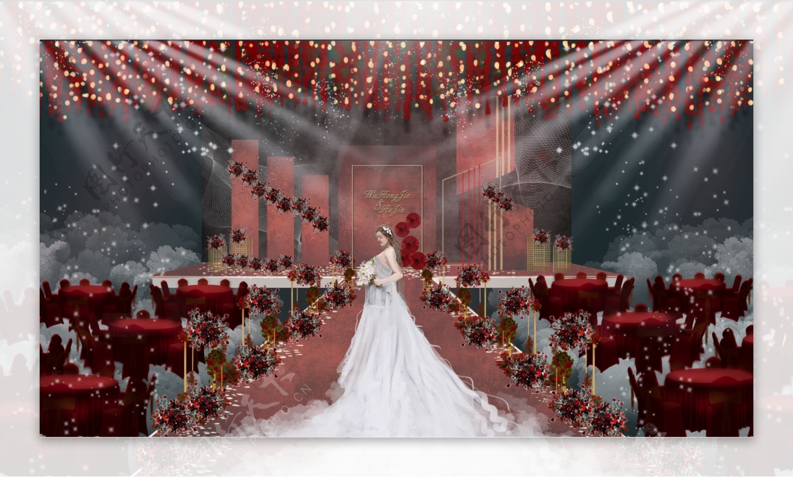 复古红色婚礼效果图背景