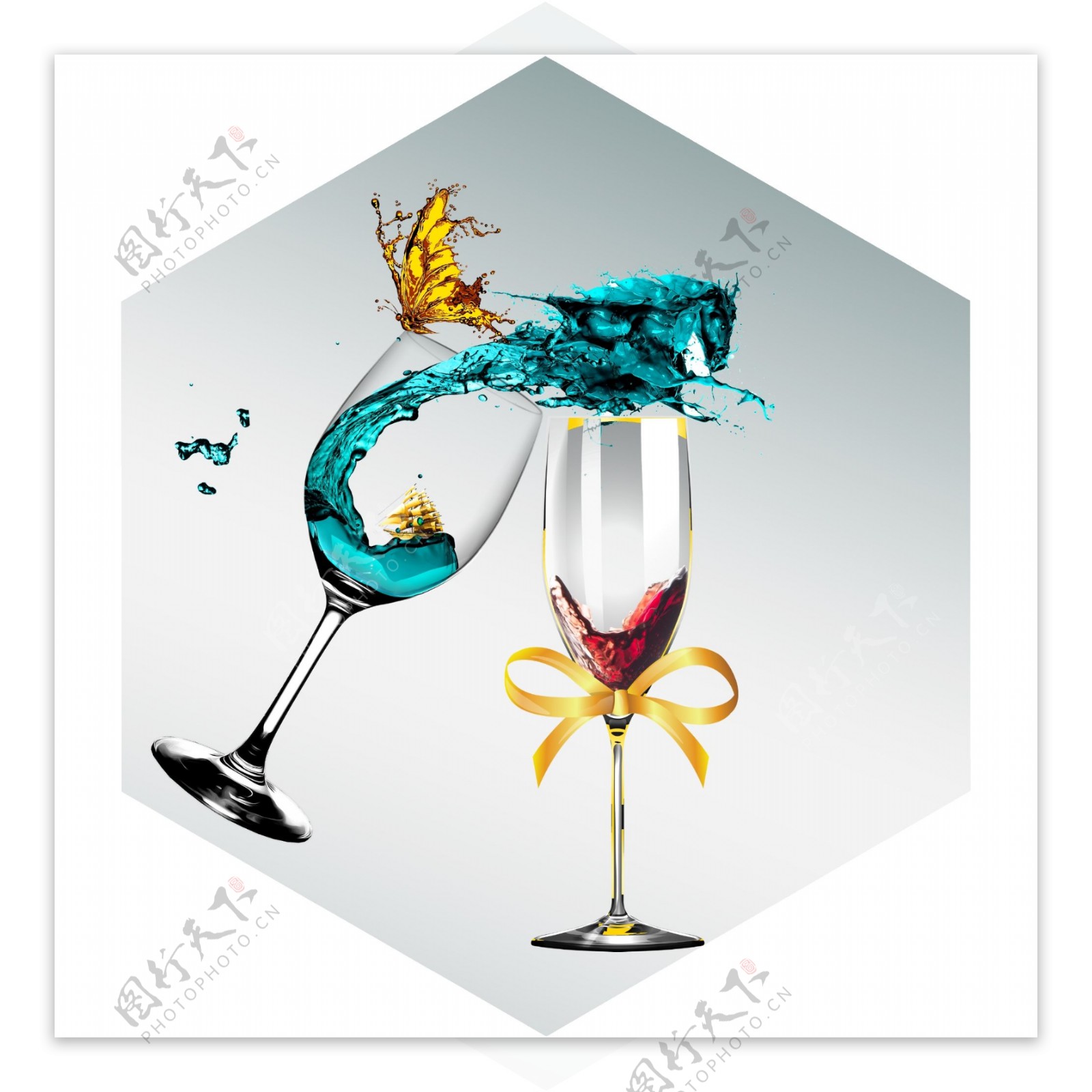 新中式玻璃酒杯金色蝴蝶装饰画