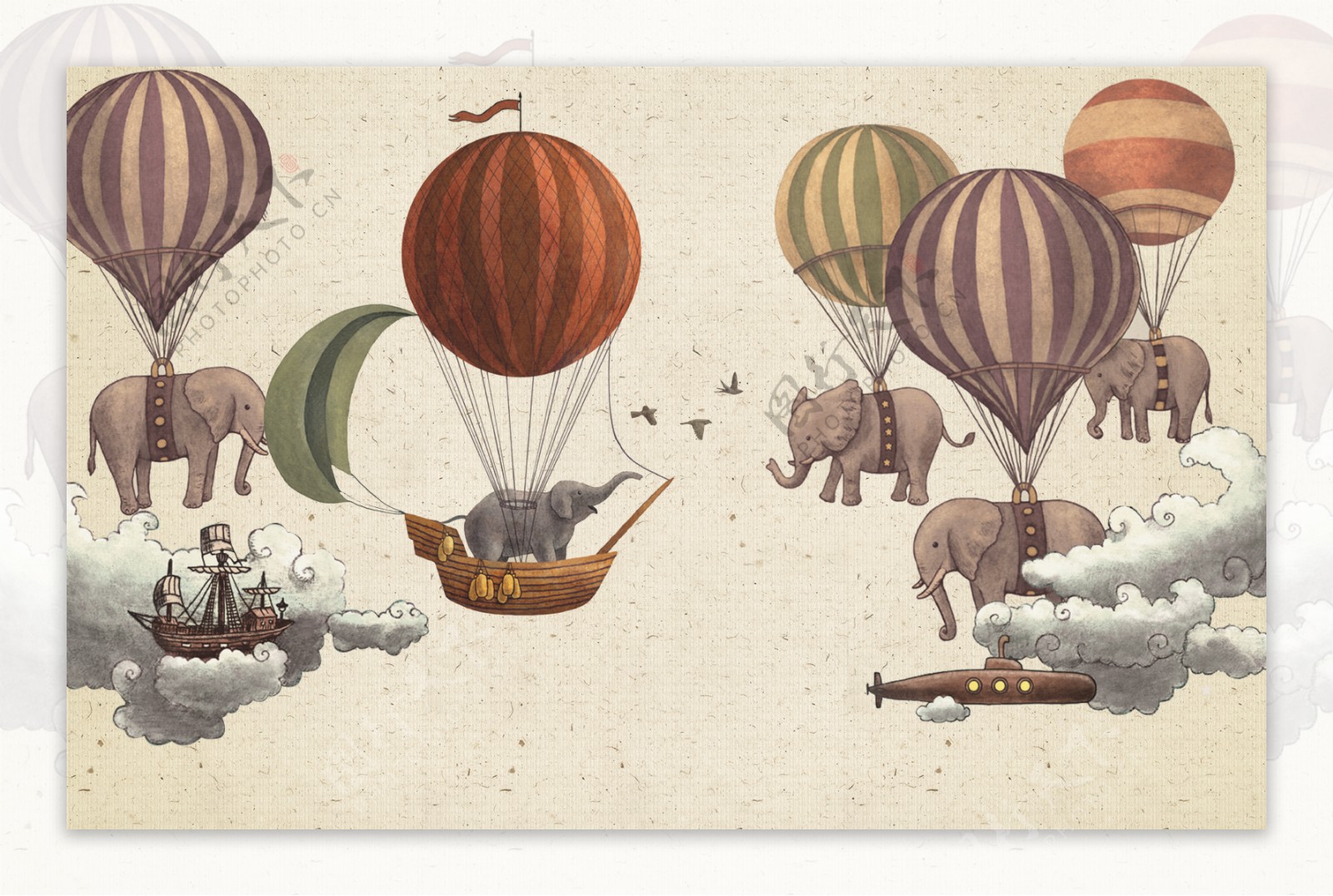 热气球潜艇船大象混合卡通装饰画