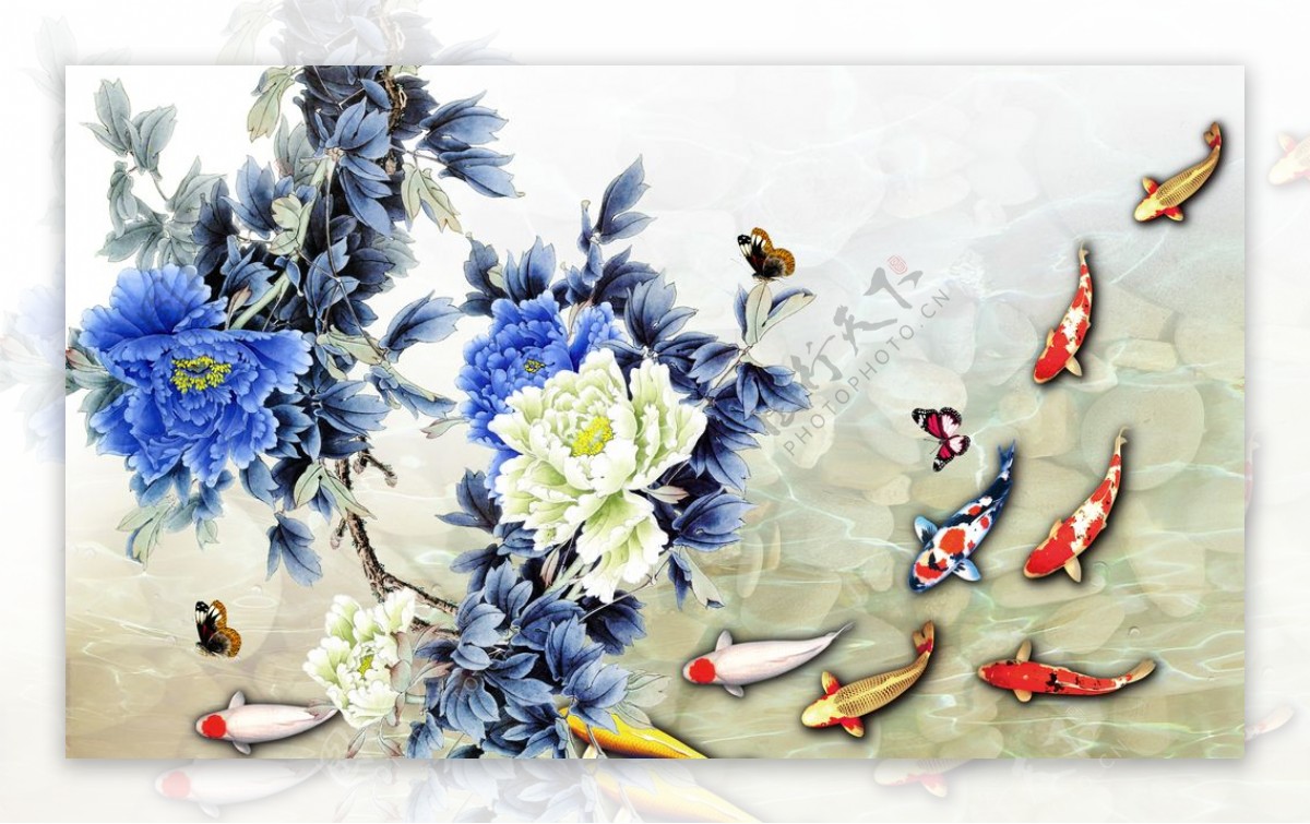 九鱼图蓝色牡丹装饰画背景墙