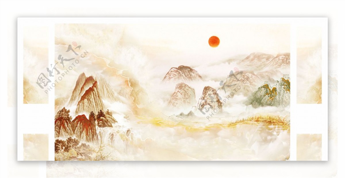 山水画太阳背景墙