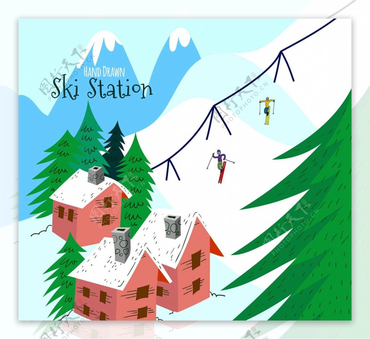 彩绘雪山滑雪场图片