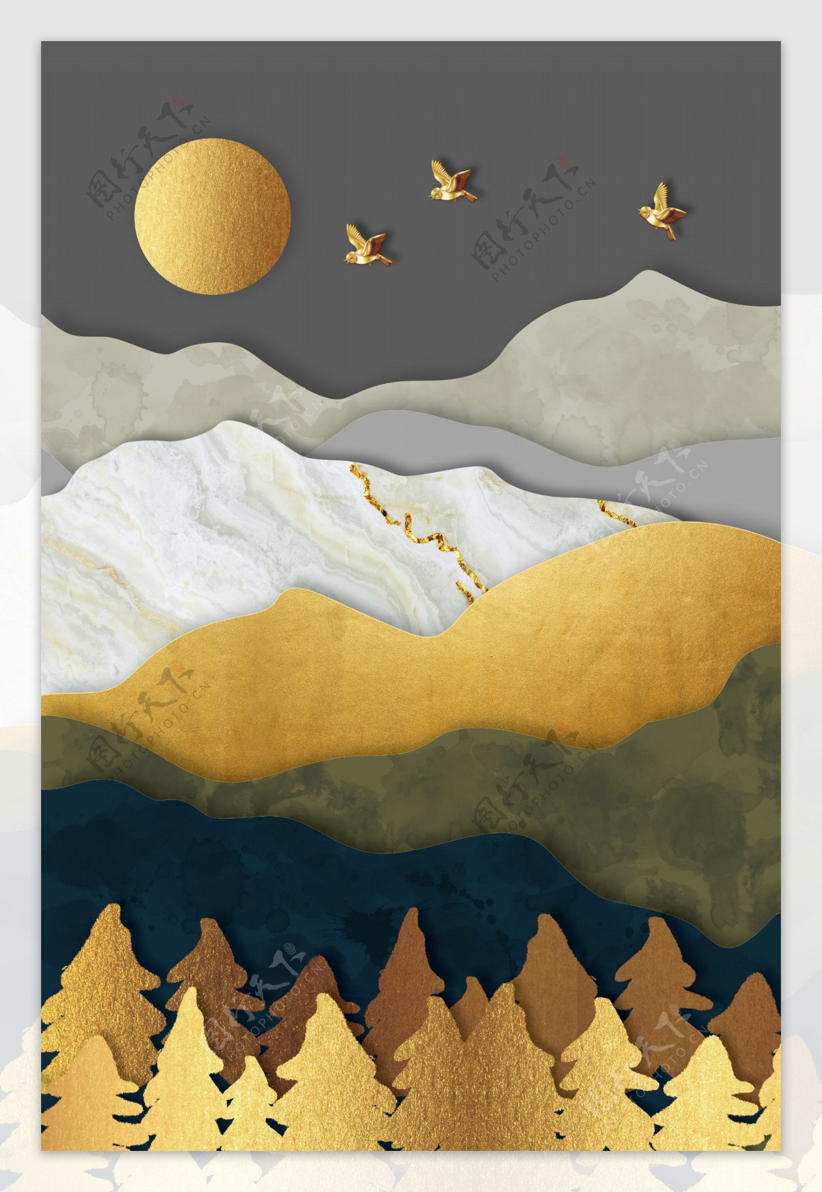 山水金色纹理古风传统背景图片