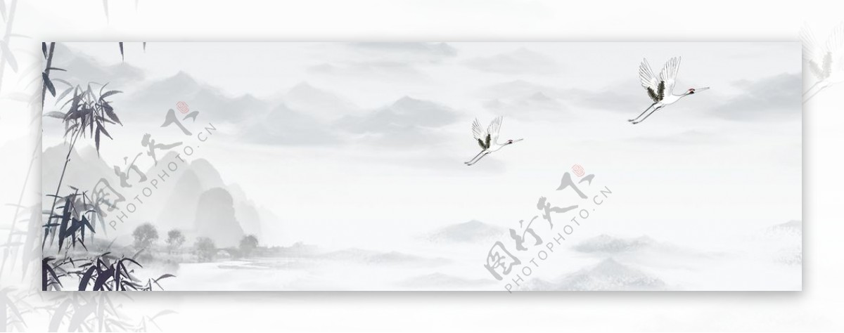 白色简约中国风水墨山水背景图片