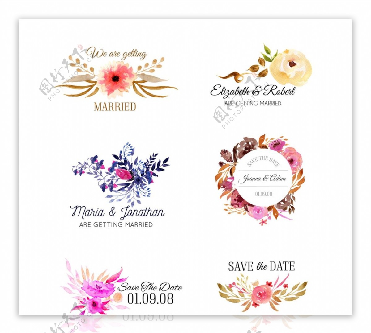 水彩绘花朵婚礼标签图片