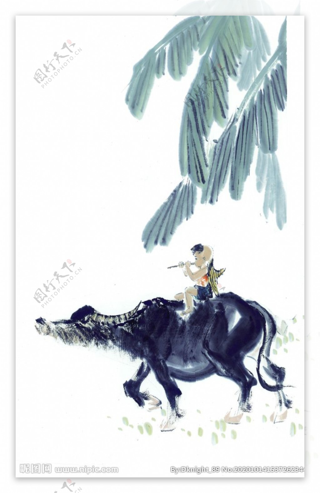牧童骑牛水墨画高清图片