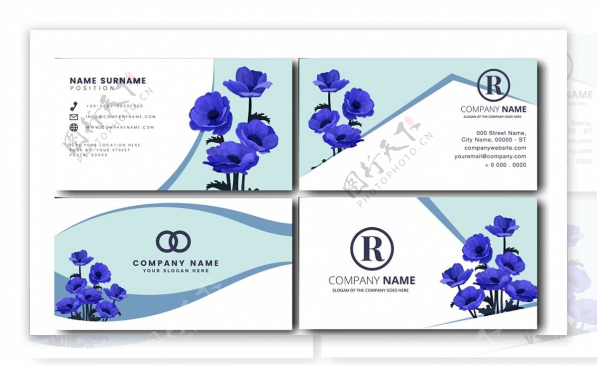 蓝色花卉商务名片图片