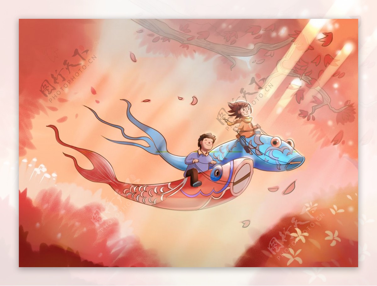 天空锦鲤人物卡通背景海报素材图片