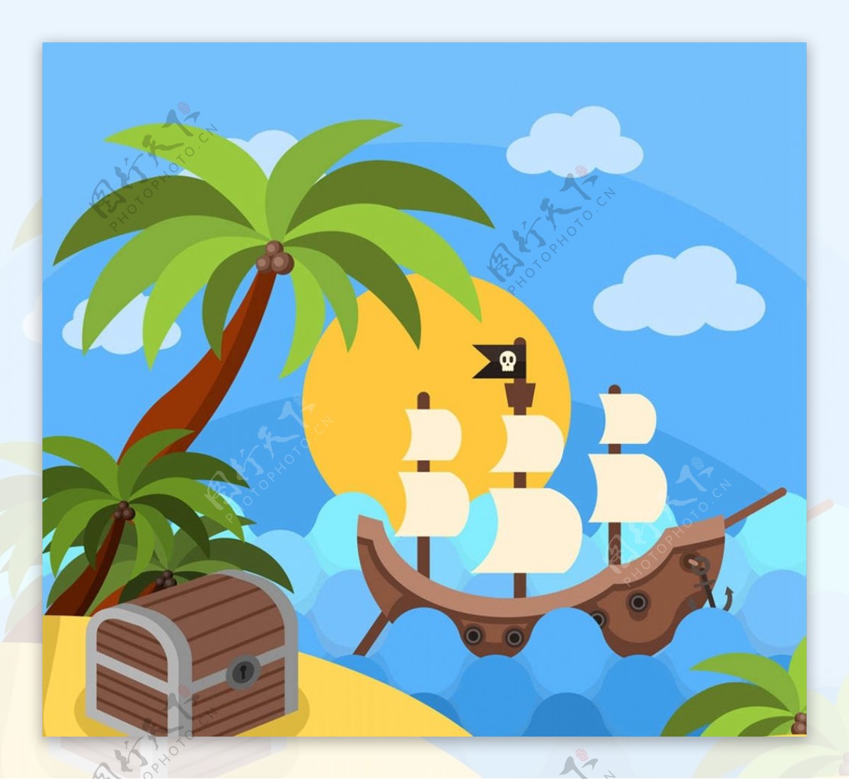 海盗船和宝箱插画图片