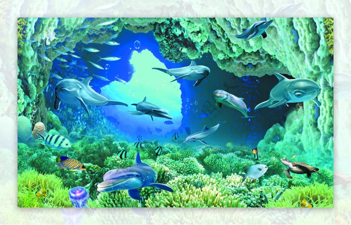 3D壁纸3D海底世界3D海豚鲨图片
