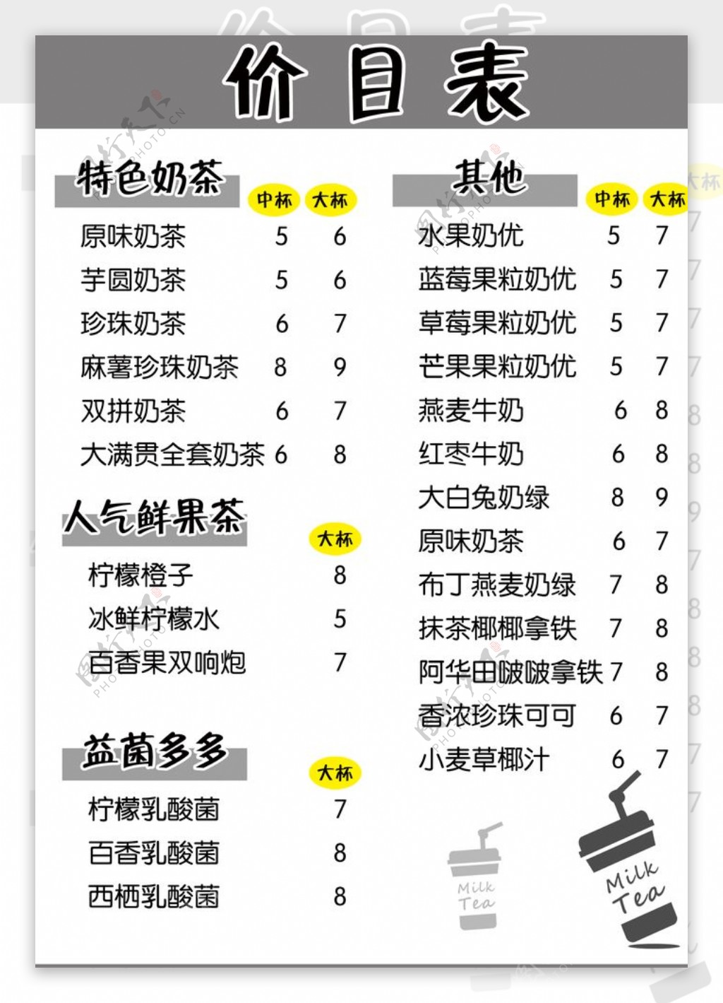 奶茶价目表图片