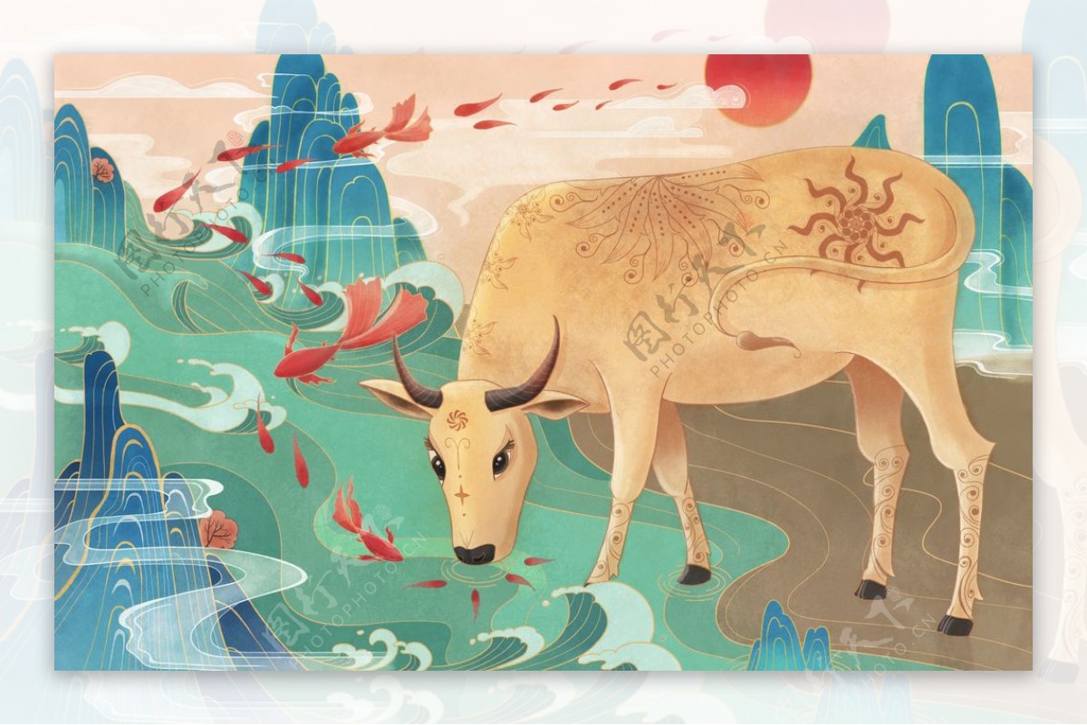 牛年传统插画复古背景海报素材图片