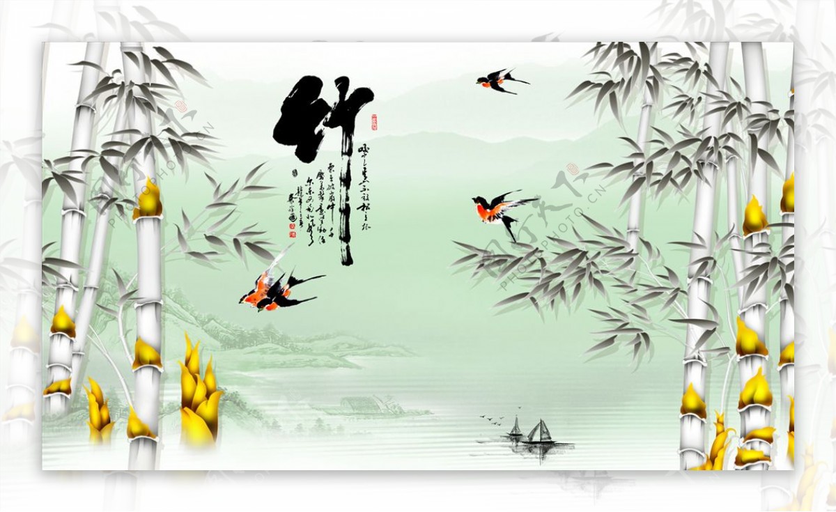 浮雕花竹子飞鸟小船背景墙图片
