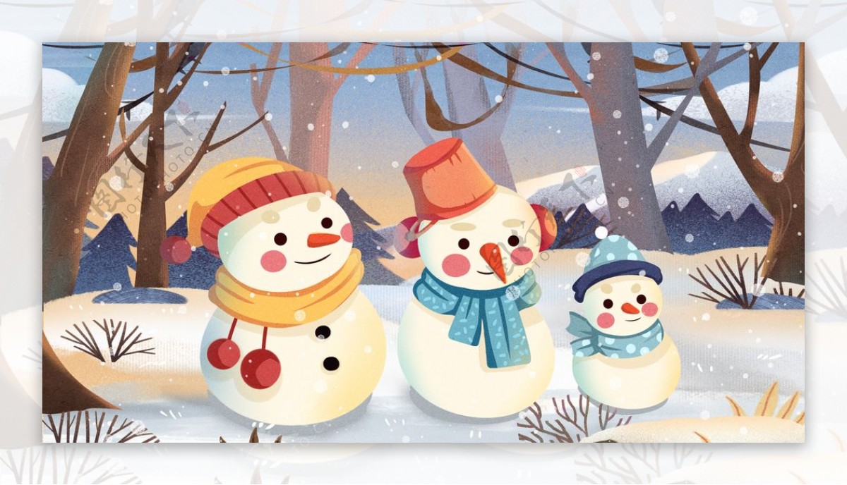 冬季围围巾的雪人插画图片