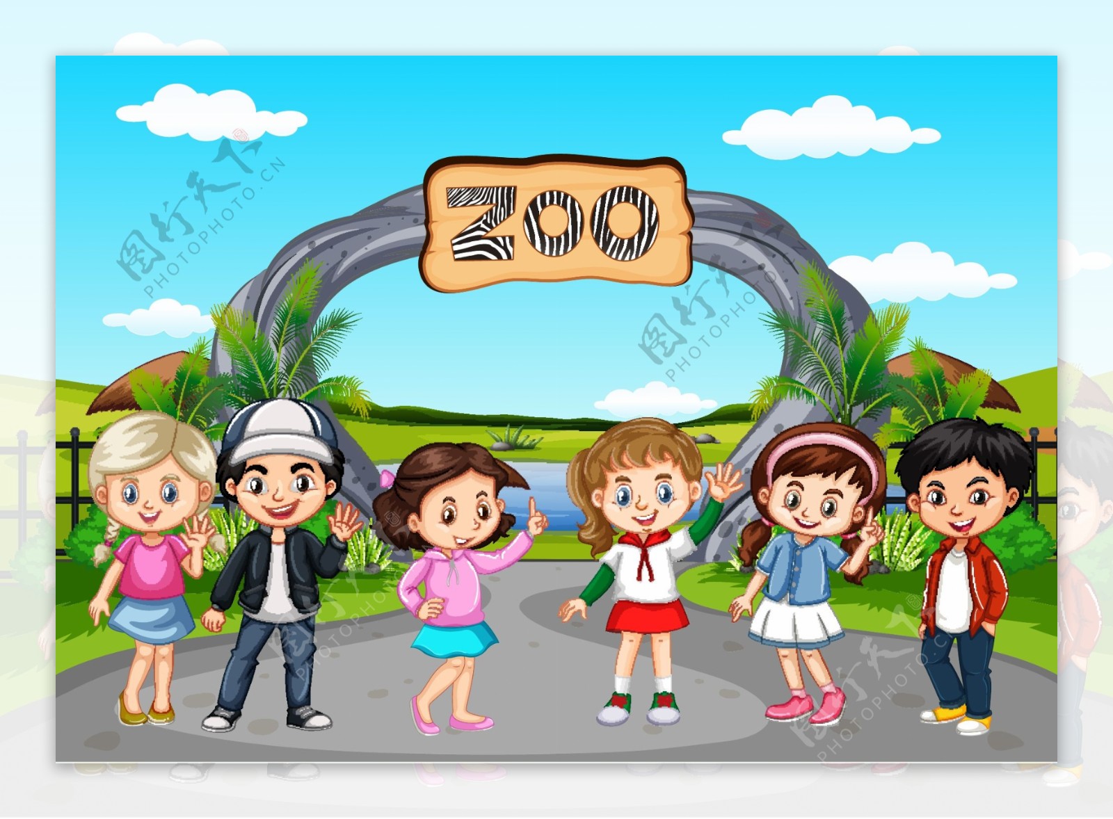 卡通儿童在动物园图片