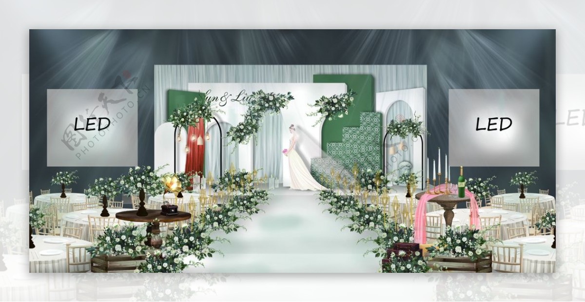 小清新白绿色婚礼效果图图片