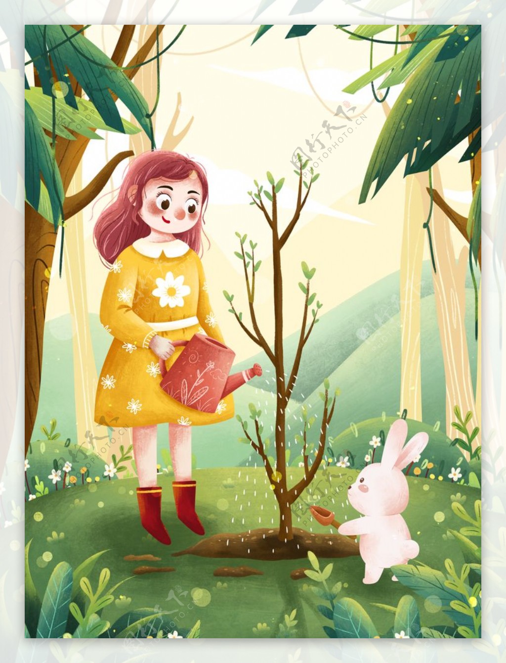 女孩和兔子插画图片