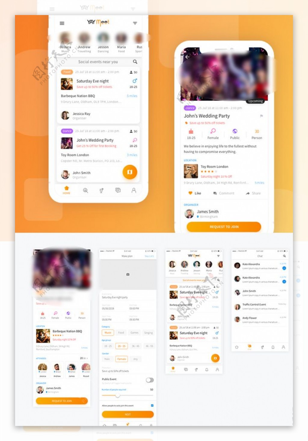 xd社交活动橙色UI设计列表页图片