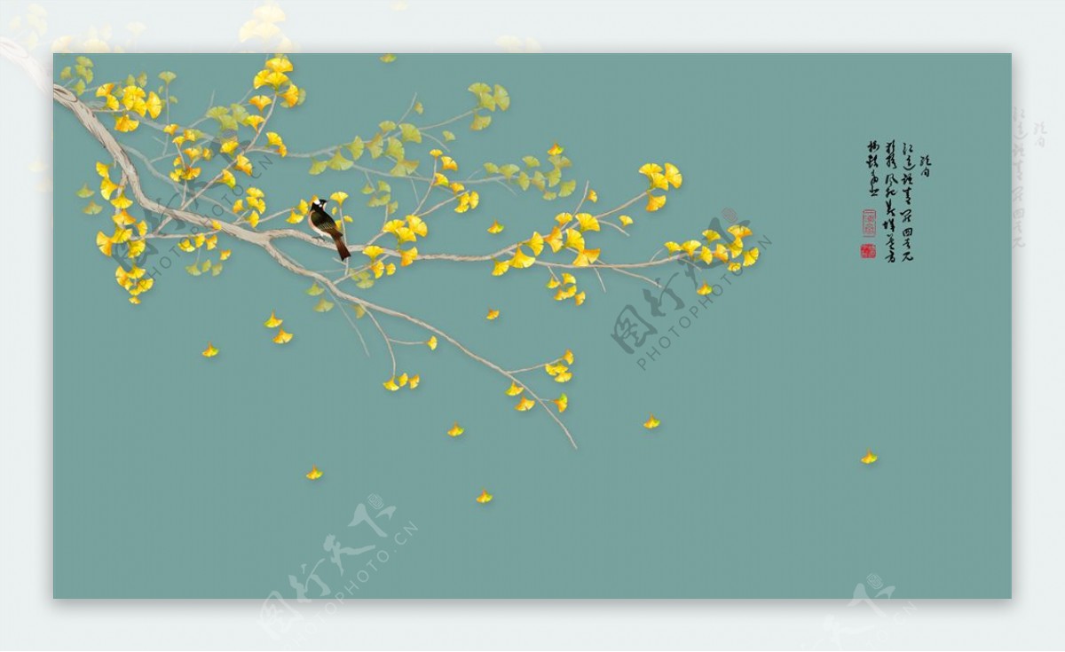 花鸟画银杏树背景墙图片