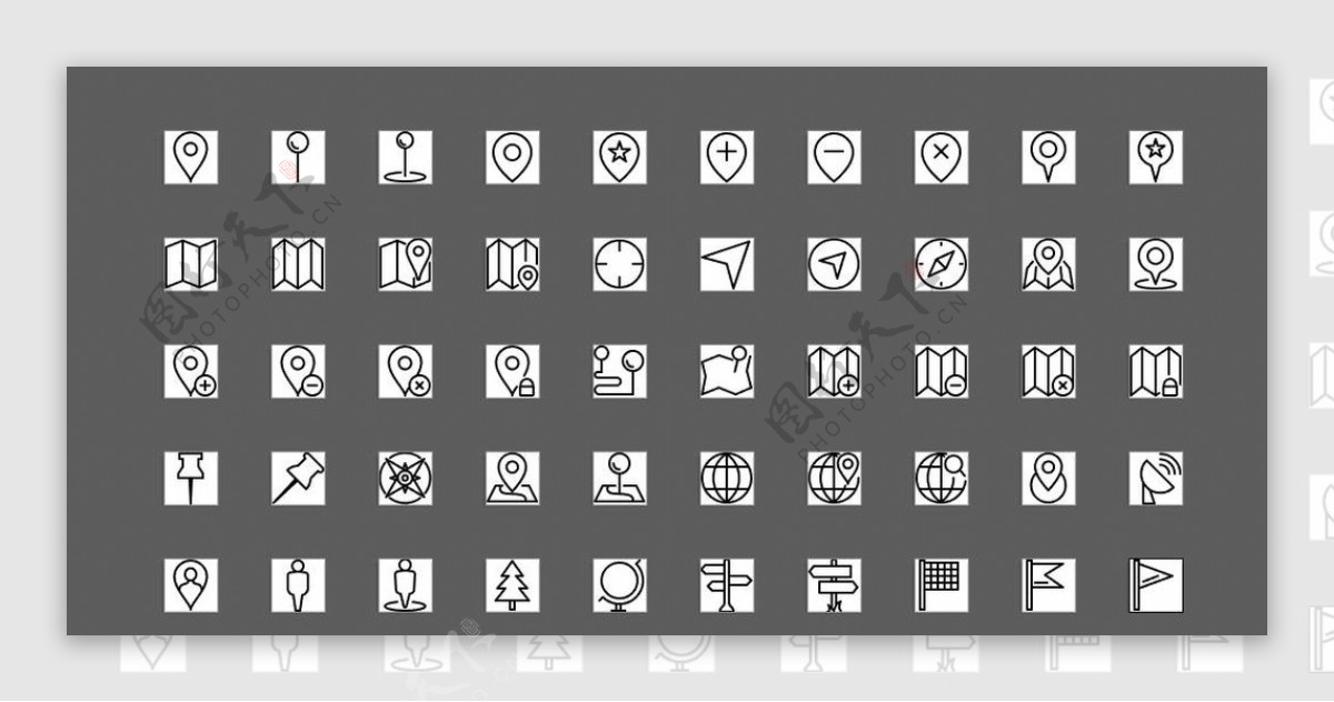 50个黑白位置UI图标图片